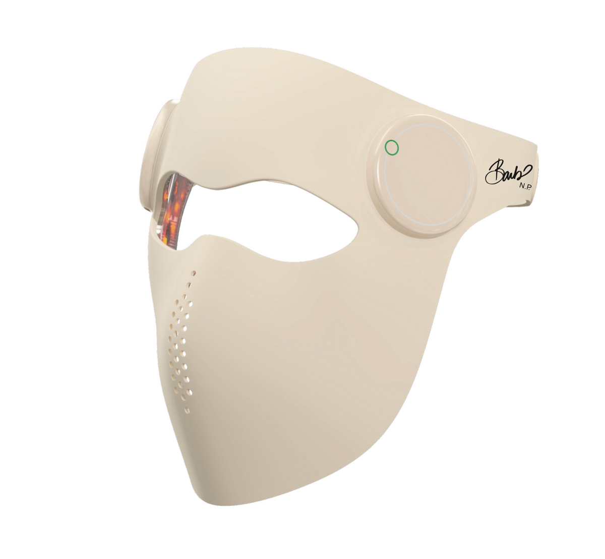 Beige LED light therapy face mask by Barb N.P. — at-home red, blue & purple light device, side view