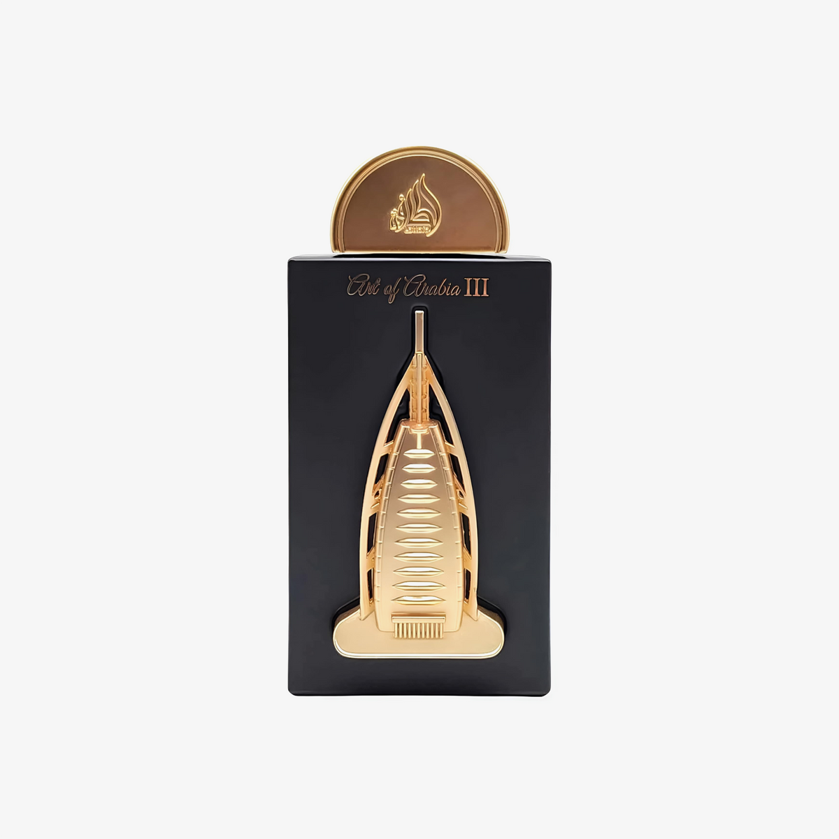Lattafa Art Of Arabia III perfume box, gold Burj Al Arab-shaped bottle on black packaging, 100ML