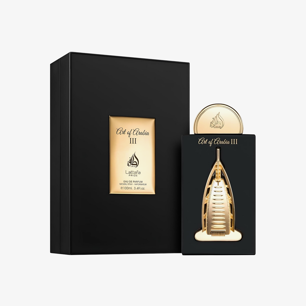 Lattafa Art Of Arabia III Eau de Parfum 100ML gift box with perfume bottle and Burj Al Arab-shaped ornament